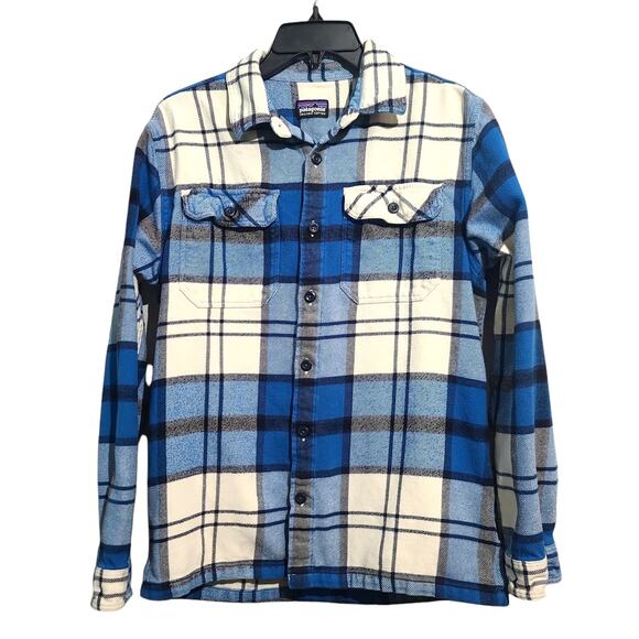 Patagonia Men’s Long-Sleeved Fjord Flannel Shirt Blue Cream Size S - Picture 1 of 6